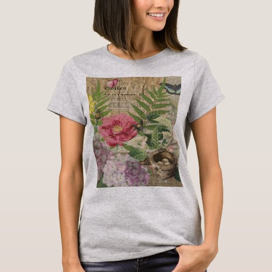 Vogelnest Bloementuin Bloem Vlinder Kunst T-shirt (Voorkant)