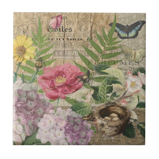 Vogelnest Bloementuin Bloem Vlinder Kunst Tegeltje (Voorkant)