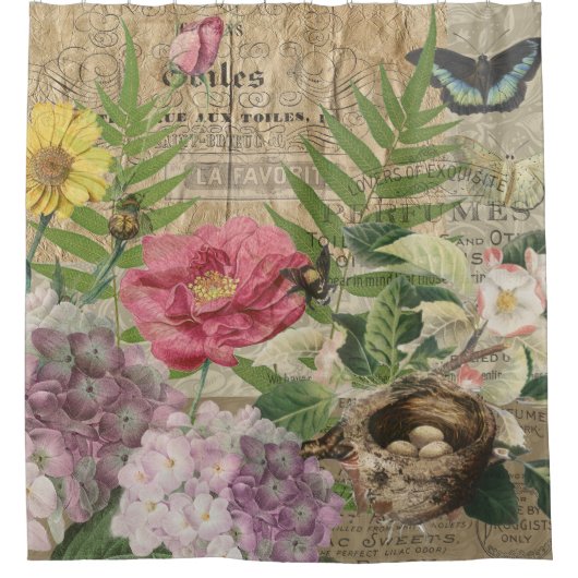 Vogelnest bloementuin Bloemvlinderkunst Douchegordijn (Voorkant)