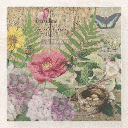 Vogelnest bloementuin Bloemvlinderkunst Glazen Onderzetter (Voorkant)
