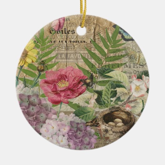 Vogelnest bloementuin Bloemvlinderkunst Keramisch Ornament (Voorkant)