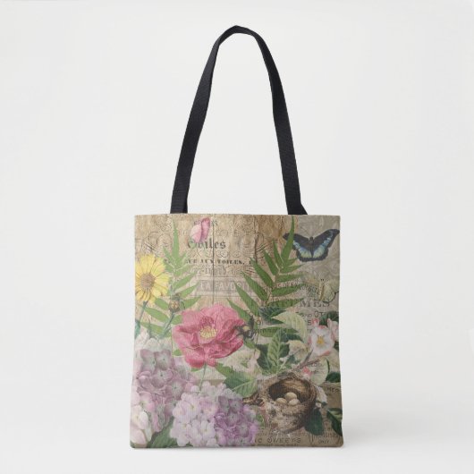 Vogelnest bloementuin Bloemvlinderkunst Tote Bag (Voorkant)