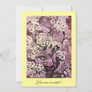 VOGELNEST, BOOM MET GELE RODE ROZE LENTE BLOEMEN KAART