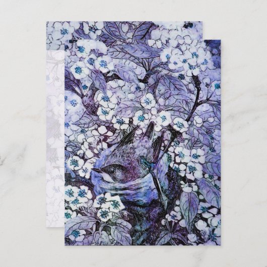 VOGELNEST, BOOM MET WITTE BLAUWE LENTE BLOEMEN AANKONDIGINGSKAART (Voorkant / Achterkant)