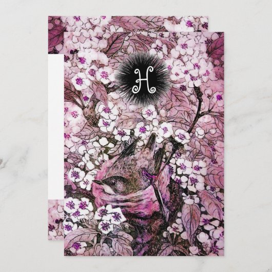 VOGELNEST, BOOM WIT ROZE LENTE BLOEMEN MONOGRAM AANKONDIGING (Voorkant / Achterkant)