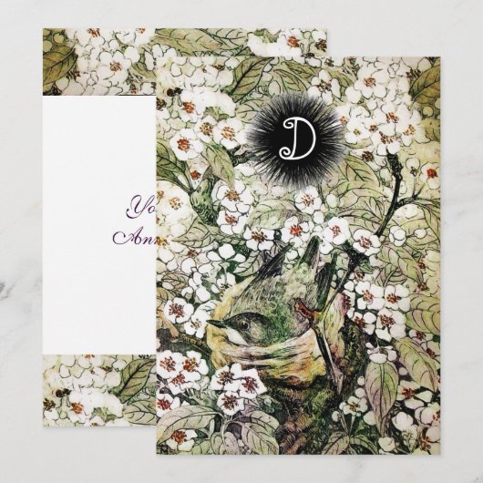 VOGELNEST, BROWN WHITE SPRING FLOWERS MONOGRAM AANKONDIGING (Voorkant / Achterkant)