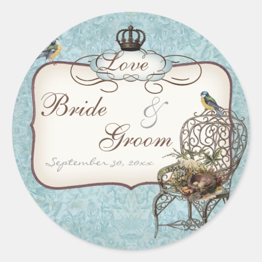  Vogelnest in Stoel, Uitnodiging voor het Huwelijk Ronde Sticker (Voorkant)