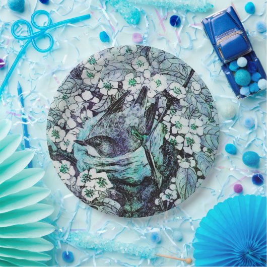 VOGELNEST ONDER DE LENTEBLOEMEN, wit, blauw Blauwg Papieren Bordje (Feest)