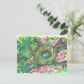 Vogelnest Robin Eieren Roze Bloemboom Briefkaart (Staand voorkant)