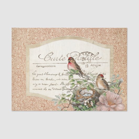 Vogelnest Rode Bloemen Carte Postale Frans Script Tissuepapier (Voorkant)