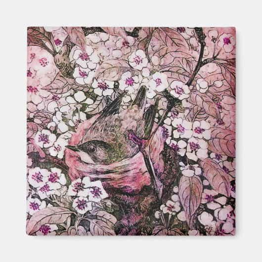 VOGELNEST, RODE WITTE PINKSTROOM MAGNEET (Voorkant)