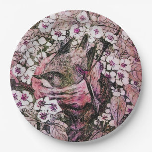 VOGELNEST TE MIDDEN IN LENTE BLOEMEN Roze Wit Papieren Bordje