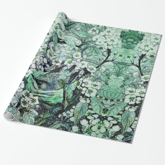 VOGELNEST, TREE, GROENE WITTE STROOM CADEAUPAPIER (Uitgerold)