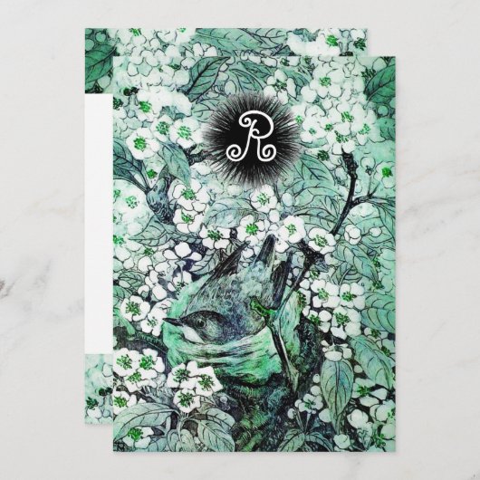 VOGELNEST, TREE, WITTE BLAUWE STROMEN MONOGRAM AANKONDIGING (Voorkant / Achterkant)