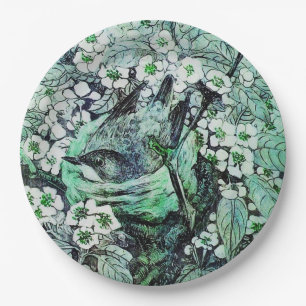 VOGELNEST TUSSEN LENTE BLOEMEN ,Wit Groen Papieren Bordje