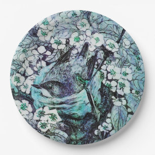 VOGELNEST TUSSEN LENTEBLOEMEN ,Wit,Blauw Groenblau Papieren Bordje