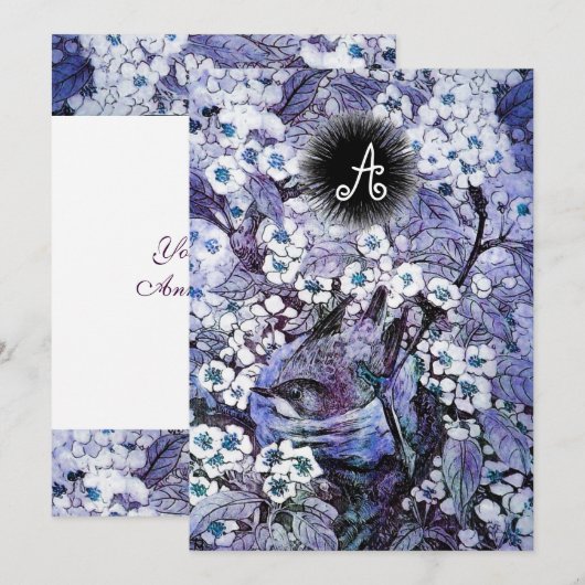 VOGELNEST, WITTE BLAUWE LENTE BLOEMEN MONOGRAM AANKONDIGING (Voorkant / Achterkant)