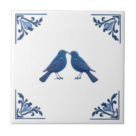 Vogelpaar Delfts Blauw en Witte Bloemhoeken Tegeltje