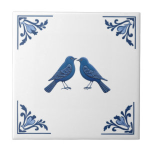 Vogelpaar Delfts Blauw en Witte Bloemhoeken Tegeltje
