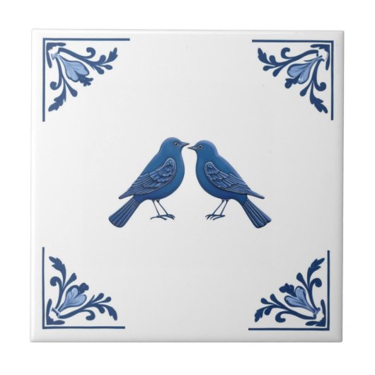 Vogelpaar Delfts Blauw en Witte Bloemhoeken Tegeltje (Voorkant)