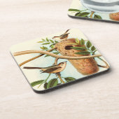 Vogelpaar op een nestveld op een tak bier onderzetter (Linkerzijde)