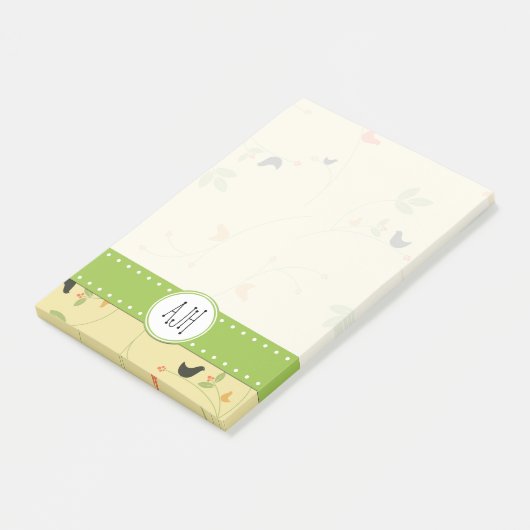 Vogelpatroon, bladeren, bessen, monogram post-it® notes (Schuin)