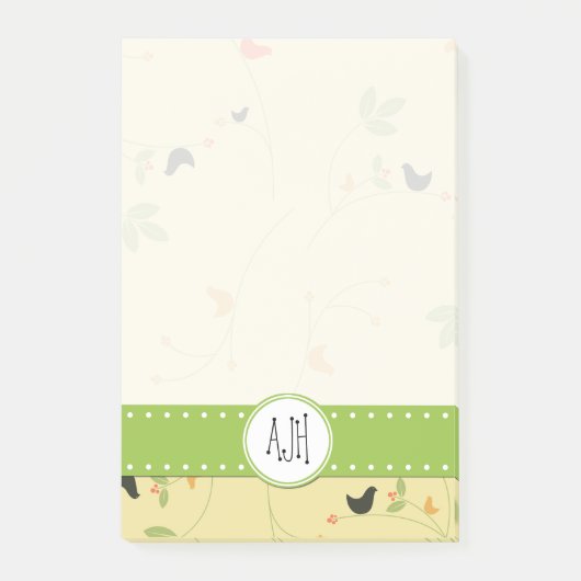 Vogelpatroon, bladeren, bessen, monogram post-it® notes (Voorkant)