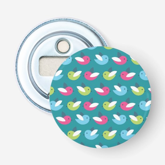Vogelpatroon Blauw Button Flesopener (Voorkant)