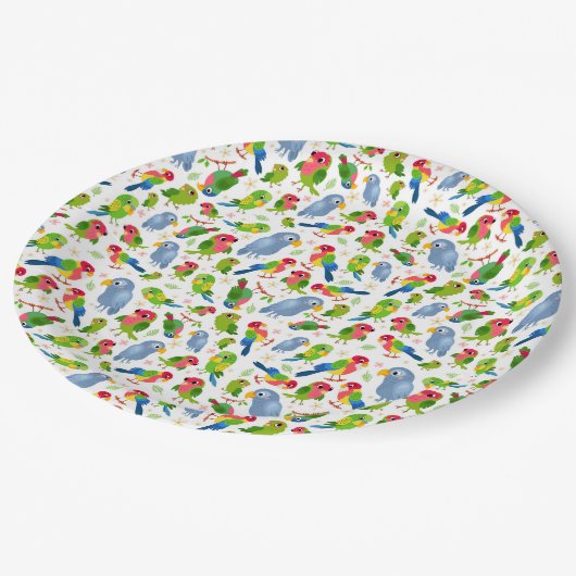  vogelpatroon, kleurrijk parkietpatroon papieren bordje (Gekanteld)