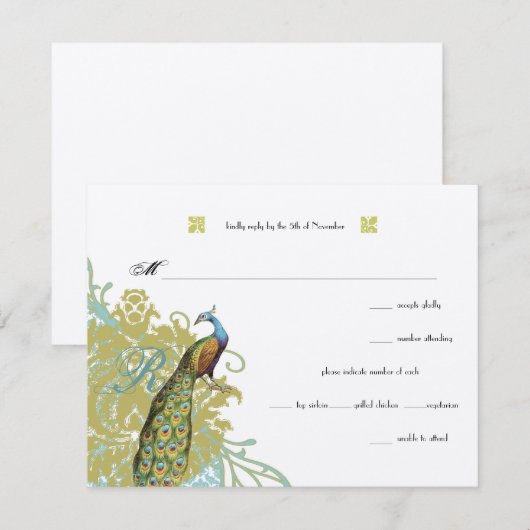vogelpest Endive Damask Wedding RSVP (Voorkant / Achterkant)