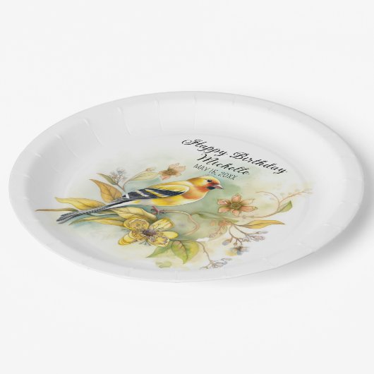  vogelpest Geel Goldfinch Happy Birthday Name Papieren Bordje (Gekanteld)