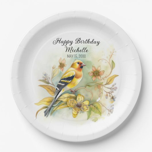  vogelpest Geel Goldfinch Happy Birthday Name Papieren Bordje (Voorkant)