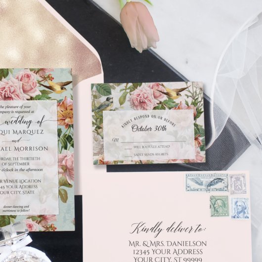  vogelpest met roze roze geel huwelijk RSVP kaartje