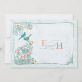  vogelpest Turquoise Oranje Damask Wedding Kaart (Achterkant)