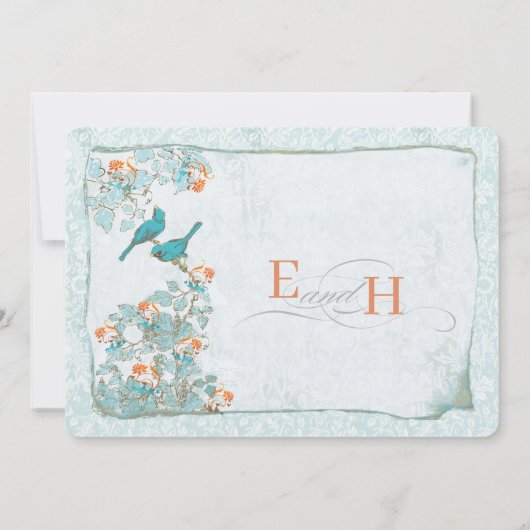  vogelpest Turquoise Oranje Damask Wedding Kaart (Achterkant)