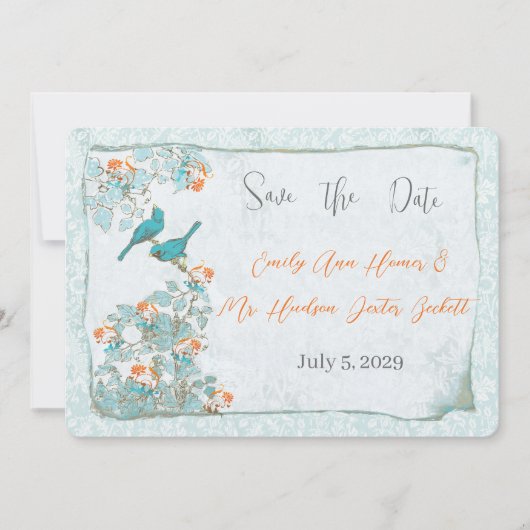 vogelpest Turquoise Oranje Damask Wedding Kaart (Voorkant)