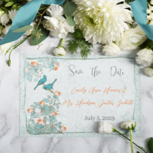 vogelpest Turquoise Oranje Damask Wedding Kaart