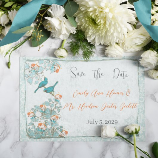  vogelpest Turquoise Oranje Damask Wedding Kaart