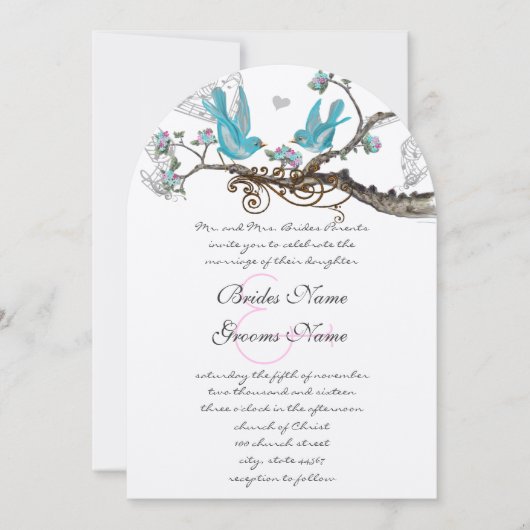  vogels Aqua & Hot PinkWedding Invite Kaart (Voorkant)