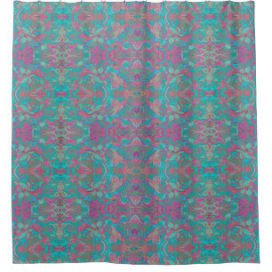 Vogels Arabesque Bohemian Pattern Turquoise Pink Douchegordijn
