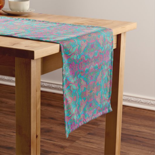 Vogels Arabesque Bohemian Pattern Turquoise Pink Korte Tafelloper (Voorbeeld)