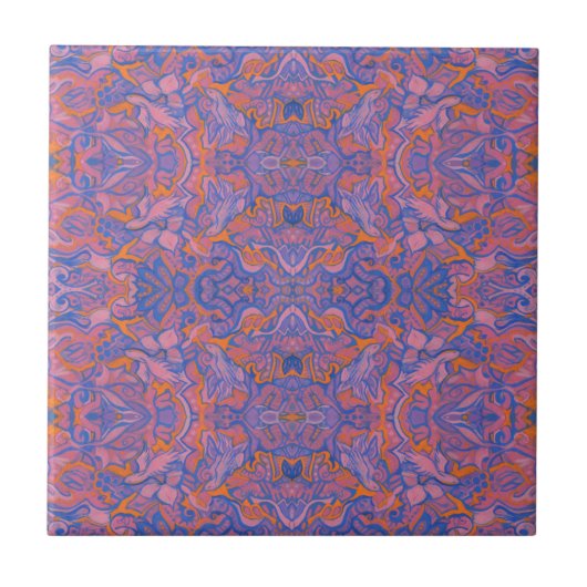 Vogels Arabesque Bohemian Pink Blue Oranje Pattern Tegeltje (Voorkant)