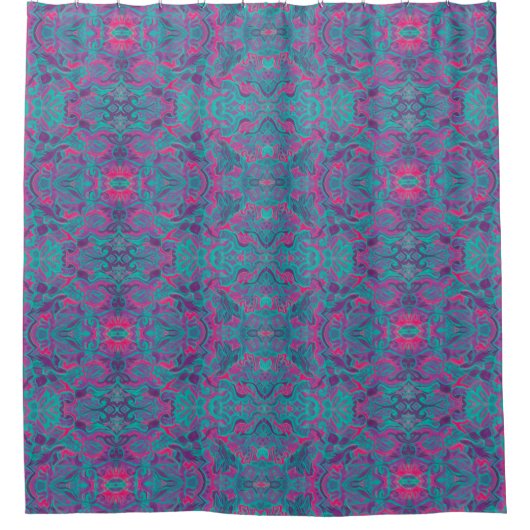 Vogels Arabesque Bohemian Turquoise Paarse Fuchsia Douchegordijn (Voorkant)
