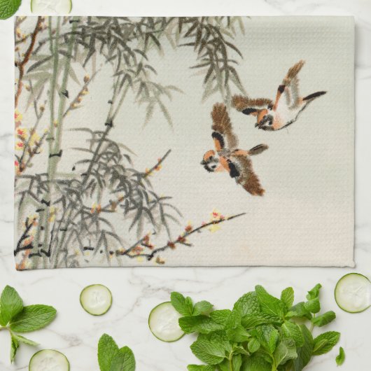 Vogels Bamboe Aziatisch Japans  Theedoek (Gevouwen)