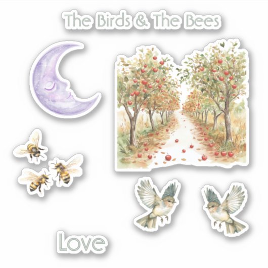 Vogels Bijen Appelbomen Liefde Maan Sticker (Voorkant)