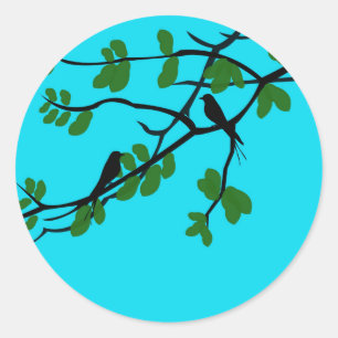 Vogels_bladeren_boom_blauw_design Ronde Sticker