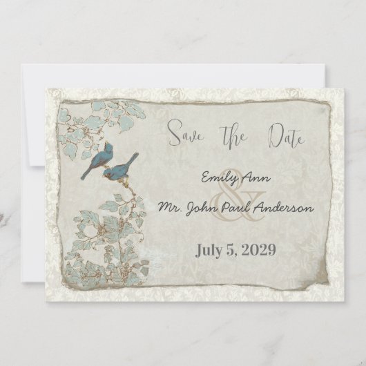 Vogels Blauwgroen Blauw Damast Grenzen Bruiloft Kaart (Voorkant)