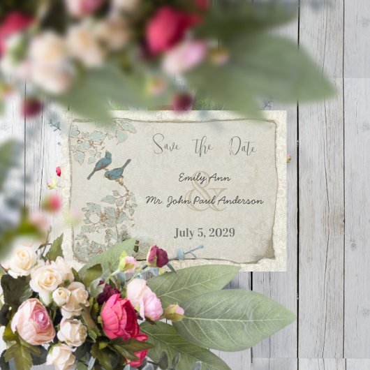  Vogels Blauwgroen Blauw Damast Grenzen Bruiloft Kaart