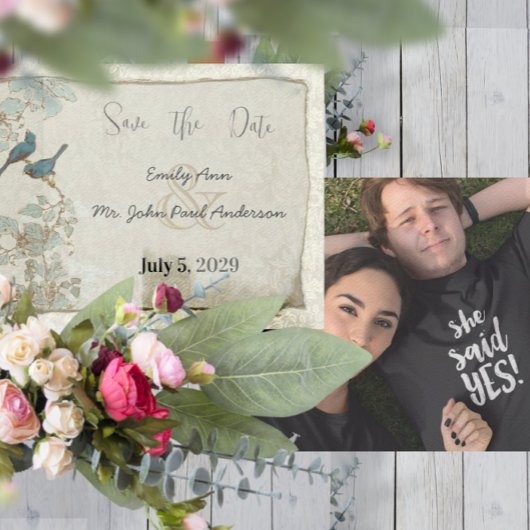  Vogels Blauwgroen Blauw Damast Grenzen Bruiloft Kaart