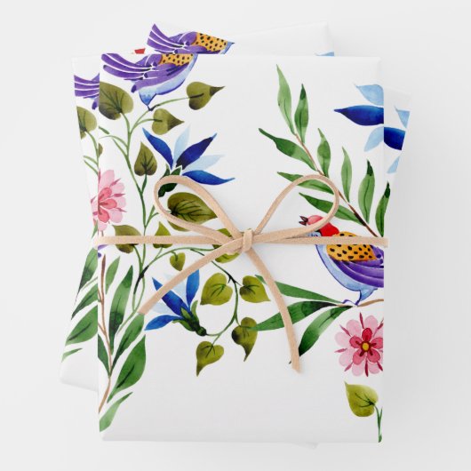 Vogels Bloemen Aquarel Verjaardag Bruids Bruiloft  Inpakpapier Vel (In situ)